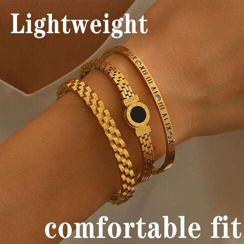 Gold Chain Link Bracelets for Women, Roman Numeral Bangle with Black Circle Charm, Lightweight Everyday Wear Jewelry Set, 3 Piece in Saudi Arabia