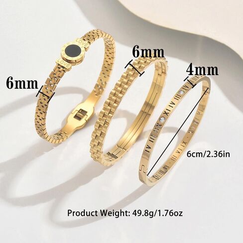 Gold Chain Link Bracelets for Women, Roman Numeral Bangle with Black Circle Charm, Lightweight Everyday Wear Jewelry Set, 3 Piece in Saudi Arabia