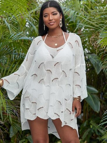 Women's Plus Size Scoop Neck Hollow Out Knitted Three Quarters Sleeve Cover Up Swimsuit Beach Dress in Saudi Arabia