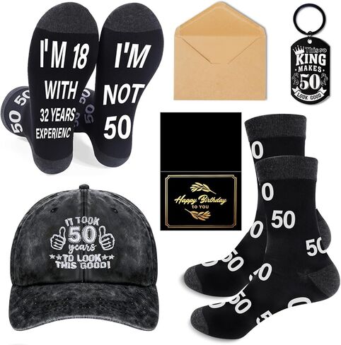 Keluna 30th 40th 50th 60th 65th 70th 75th 80th 90th Birthday Gift for Men Dad Granpa Husband Baseball Cap Socks Keychain Card in Saudi Arabia