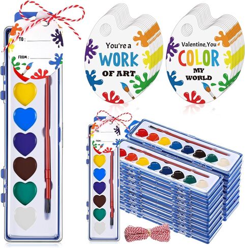 Sabary 24 Pack Watercolor Paint Sets for Valentine's Day Gifts 8 Washable Water Color Paints with Gift Card and 20 Meters Red Rope for Valentine School Birthday Gift Exchange Graduation in Saudi Arabia