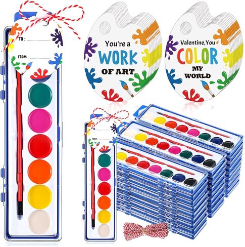 Sabary 24 Pack Watercolor Paint Sets for Valentine's Day Gifts 8 Washable Water Color Paints with Gift Card and 20 Meters Red Rope for Valentine School Birthday Gift Exchange Graduation in Saudi Arabia