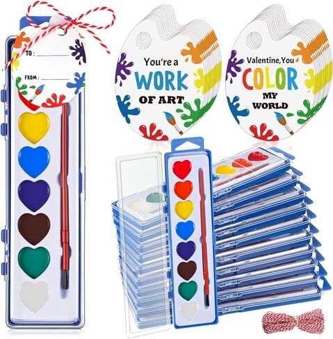Sabary 24 Pack Watercolor Paint Sets for Valentine's Day Gifts 8 Washable Water Color Paints with Gift Card and 20 Meters Red Rope for Valentine School Birthday Gift Exchange Graduation in Saudi Arabia