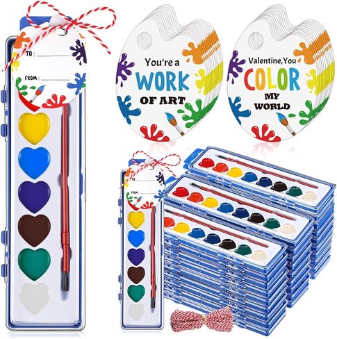 Sabary 24 Pack Watercolor Paint Sets for Valentine's Day Gifts 8 Washable Water Color Paints with Gift Card and 20 Meters Red Rope for Valentine School Birthday Gift Exchange Graduation in Saudi Arabia