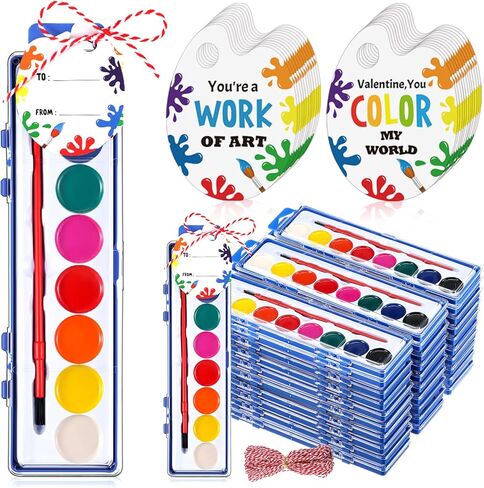 Sabary 24 Pack Watercolor Paint Sets for Valentine's Day Gifts 8 Washable Water Color Paints with Gift Card and 20 Meters Red Rope for Valentine School Birthday Gift Exchange Graduation in Saudi Arabia