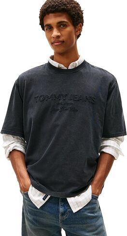 Tommy Jeans Mens Short Sleeve Solid Cotton Graphic T-Shirts with Tonal Embroidered Logo in Saudi Arabia