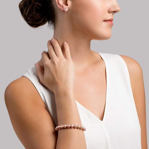 The Pearl Source 14K Gold 8-9mm AAA Quality Round Pink Freshwater Cultured Pearl Bracelet for Women in Saudi Arabia
