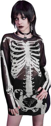 Women's Long Sleeve Halloween Skeleton Shirt See Through Sheer Mesh Top Blouse Rave Costume in Saudi Arabia