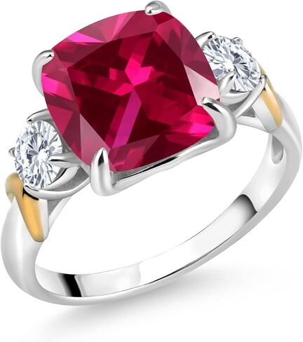 Gem Stone King 5.46 Cttw Created Ruby and Moissanite 3-Stone Ring For Women | 925 Silver and 10K Yellow Gold |Gemstone July Birthstone | Cushion 10MM | Round 4MM | Available In Size 5, 6, 7, 8, 9 in Saudi Arabia