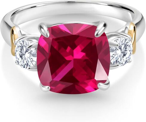 Gem Stone King 5.46 Cttw Created Ruby and Moissanite 3-Stone Ring For Women | 925 Silver and 10K Yellow Gold |Gemstone July Birthstone | Cushion 10MM | Round 4MM | Available In Size 5, 6, 7, 8, 9 in Saudi Arabia