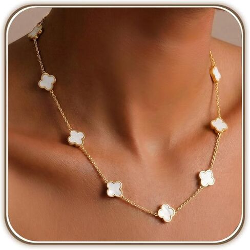 Billet-doux 18k Gold Plated White Clover Necklace for Women, The Timelss Classic 10-Motif Four-Leaf White Clovers Link Chain, Adjustable size, Trendy Charm Jewelry Gifts for Her in Saudi Arabia