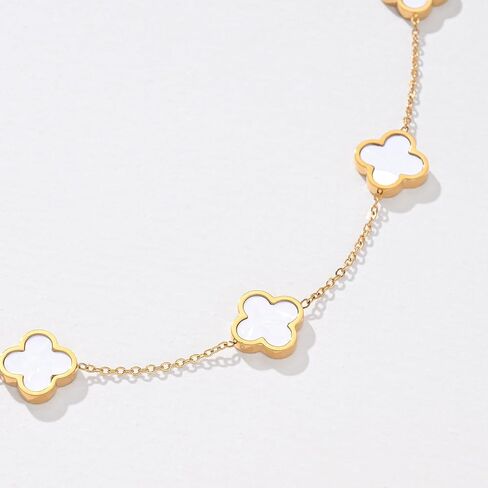 Billet-doux 18k Gold Plated White Clover Necklace for Women, The Timelss Classic 10-Motif Four-Leaf White Clovers Link Chain, Adjustable size, Trendy Charm Jewelry Gifts for Her in Saudi Arabia