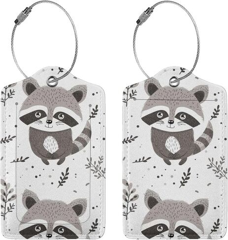2 Pack Cartoon Cute Raccoon Leaves Luggage Tags for Suitcases, Leather Baggage Tag with Loop, Funny Cool Name Id Card Cover Travel Bag Labels Set for Women Men Boys Girls Kids in Saudi Arabia