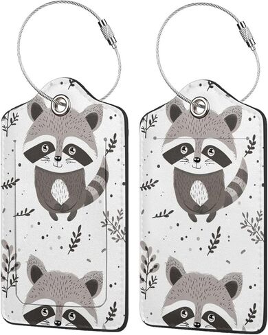 2 Pack Cartoon Cute Raccoon Leaves Luggage Tags for Suitcases, Leather Baggage Tag with Loop, Funny Cool Name Id Card Cover Travel Bag Labels Set for Women Men Boys Girls Kids in Saudi Arabia