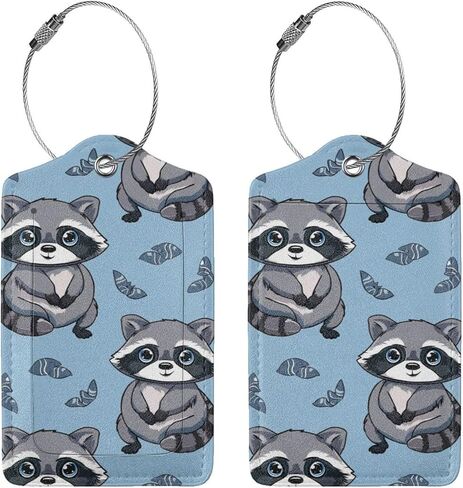 2 Pack Cartoon Cute Raccoon Leaves Luggage Tags for Suitcases, Leather Baggage Tag with Loop, Funny Cool Name Id Card Cover Travel Bag Labels Set for Women Men Boys Girls Kids in Saudi Arabia