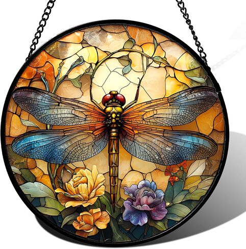 Stained Glass Window Hanging - Orange Blue Dragonfly Flower Suncatcher for Doors Window Home Sun Catchers Decor Christmas Mother's Day Birthday Outdoor Gifts for Women Men Mom Nana 14.9 in in Saudi Arabia