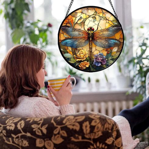 Stained Glass Window Hanging - Orange Blue Dragonfly Flower Suncatcher for Doors Window Home Sun Catchers Decor Christmas Mother's Day Birthday Outdoor Gifts for Women Men Mom Nana 14.9 in in Saudi Arabia