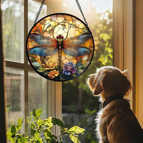 Stained Glass Window Hanging - Orange Blue Dragonfly Flower Suncatcher for Doors Window Home Sun Catchers Decor Christmas Mother's Day Birthday Outdoor Gifts for Women Men Mom Nana 14.9 in in Saudi Arabia