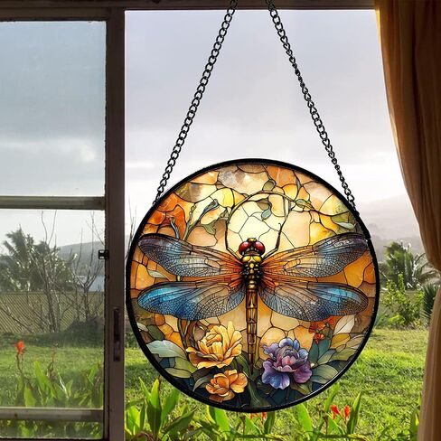 Stained Glass Window Hanging - Orange Blue Dragonfly Flower Suncatcher for Doors Window Home Sun Catchers Decor Christmas Mother's Day Birthday Outdoor Gifts for Women Men Mom Nana 14.9 in in Saudi Arabia