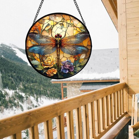 Stained Glass Window Hanging - Orange Blue Dragonfly Flower Suncatcher for Doors Window Home Sun Catchers Decor Christmas Mother's Day Birthday Outdoor Gifts for Women Men Mom Nana 14.9 in in Saudi Arabia