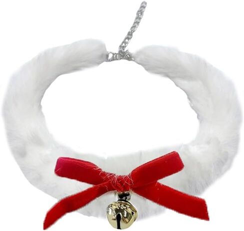 Christmas Fluffy Jingle Bell Choker Necklace for Women Pet Dainty Velvet Bow Bowknot Faux White Fur Collar Charms Chain Necklaces Adjustable Fashion Xmas Holiday Accessories Theme Party Jewelry Gift 16 inch in Saudi Arabia