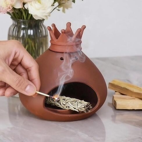 حامل بخور تيراكوتا بالو سانتو من شيمينيا لليوجا، موقد مخروطي، تنظيف الطاقة، صائد رماد المريمية، وعاء التلطخ، هدية تأمل فريدة من نوعها in Saudi Arabia