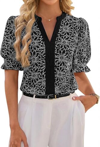 Blooming Jelly Women Puff Ruffled Sleeves Dressy Casual Blouses Floral Print V Neck Tops Color Blocked Business Work Shirts in Saudi Arabia