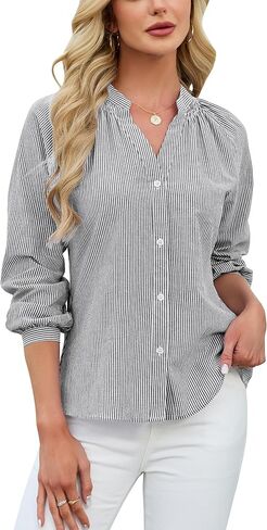Blooming Jelly Womens Striped Button Down Shirt V Neck Long Sleeve Cotton Blouse Business Casual Trendy Fashion Work Tops in Saudi Arabia