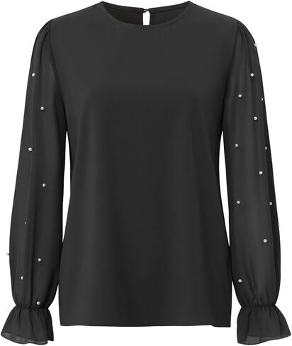 Women's Contrast Mesh Pearl Sheer Long Sleeve Blouse Crew Neck Casual Tops Shirts in Saudi Arabia