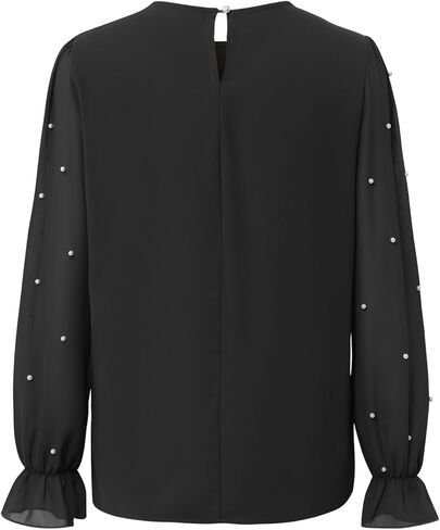 Women's Contrast Mesh Pearl Sheer Long Sleeve Blouse Crew Neck Casual Tops Shirts in Saudi Arabia