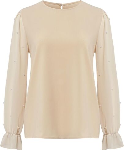 Women's Contrast Mesh Pearl Sheer Long Sleeve Blouse Crew Neck Casual Tops Shirts in Saudi Arabia