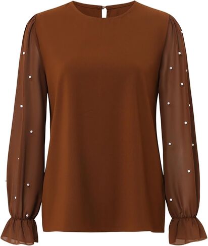 Women's Contrast Mesh Pearl Sheer Long Sleeve Blouse Crew Neck Casual Tops Shirts in Saudi Arabia