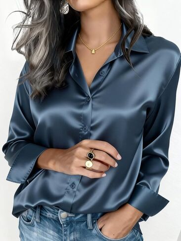 Women's Satin Shirt, Casual Button-Down Blouse with Notch Lapel, Elegant Office Top for Fall Winter Spring Blue in Saudi Arabia