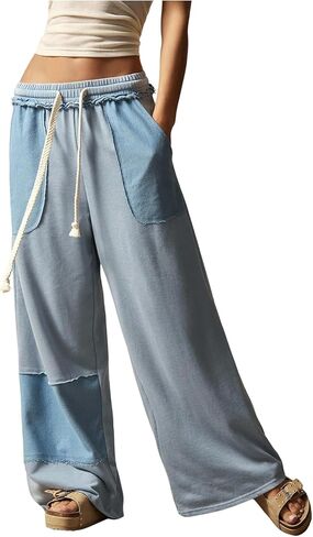 SHENHE Women's Baggy Sweatpants Wide Leg Patchwork Pants Low Rise Boho Flowy Sweatpants in Saudi Arabia