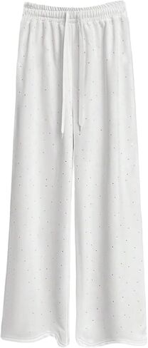 SHENHE Women's Baggy Sweatpants Wide Leg Drawstring Rhinestone Casual Loose Pants with Pockets in Saudi Arabia