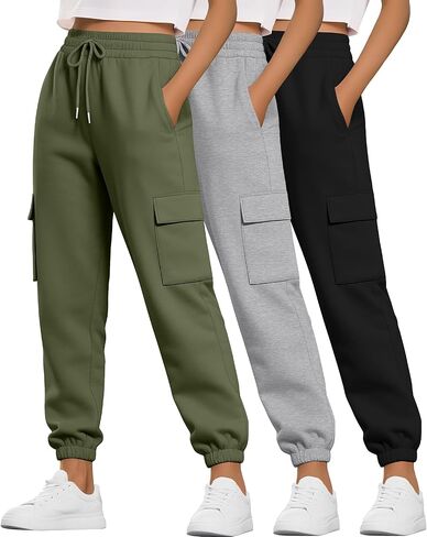 Neer 3 Pack Women's Cargo Sweatpants Joggers Pants Causal Gym Athletic Workout High Waist Bottom Y2k Fall Outfits with Pocket in Saudi Arabia