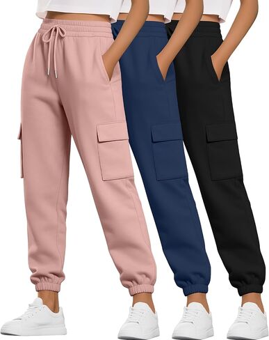 Neer 3 Pack Women's Cargo Sweatpants Joggers Pants Causal Gym Athletic Workout High Waist Bottom Y2k Fall Outfits with Pocket in Saudi Arabia