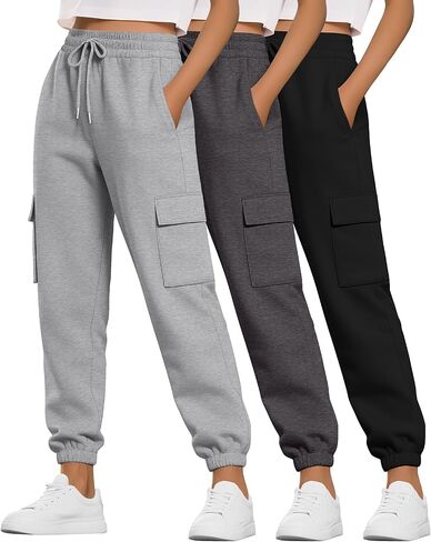 Neer 3 Pack Women's Cargo Sweatpants Joggers Pants Causal Gym Athletic Workout High Waist Bottom Y2k Fall Outfits with Pocket in Saudi Arabia