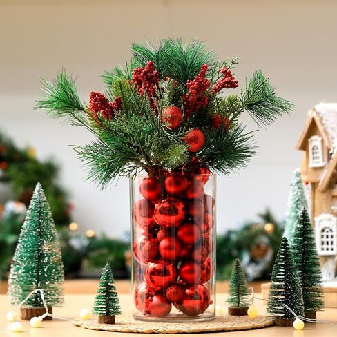 Giegxin 54 Pcs Red Christmas Centerpiece for Table DIY Farmhouse Xmas Decor for Dinning Table 6 Artificial Pine Branches 47 Red Vase Filler Balls 1 Glass Vase for Kitchen Tabletop Decor in Saudi Arabia