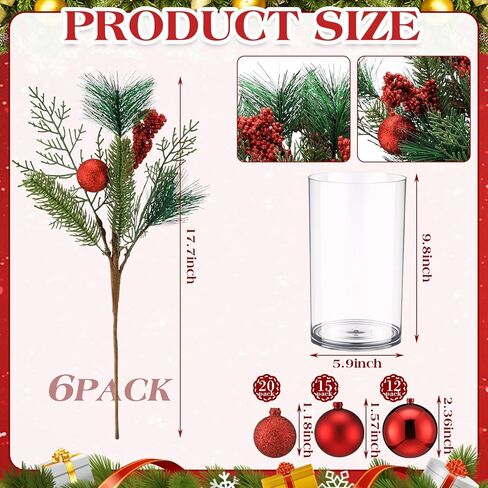 Giegxin 54 Pcs Red Christmas Centerpiece for Table DIY Farmhouse Xmas Decor for Dinning Table 6 Artificial Pine Branches 47 Red Vase Filler Balls 1 Glass Vase for Kitchen Tabletop Decor in Saudi Arabia