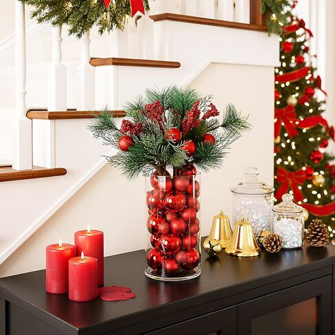 Giegxin 54 Pcs Red Christmas Centerpiece for Table DIY Farmhouse Xmas Decor for Dinning Table 6 Artificial Pine Branches 47 Red Vase Filler Balls 1 Glass Vase for Kitchen Tabletop Decor in Saudi Arabia