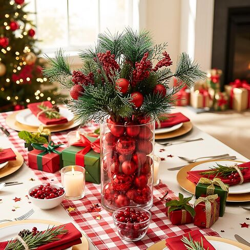 Giegxin 54 Pcs Red Christmas Centerpiece for Table DIY Farmhouse Xmas Decor for Dinning Table 6 Artificial Pine Branches 47 Red Vase Filler Balls 1 Glass Vase for Kitchen Tabletop Decor in Saudi Arabia