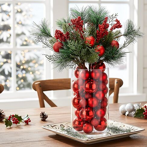 Giegxin 54 Pcs Red Christmas Centerpiece for Table DIY Farmhouse Xmas Decor for Dinning Table 6 Artificial Pine Branches 47 Red Vase Filler Balls 1 Glass Vase for Kitchen Tabletop Decor in Saudi Arabia