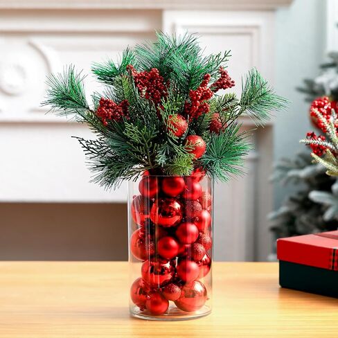 Giegxin 54 Pcs Red Christmas Centerpiece for Table DIY Farmhouse Xmas Decor for Dinning Table 6 Artificial Pine Branches 47 Red Vase Filler Balls 1 Glass Vase for Kitchen Tabletop Decor in Saudi Arabia
