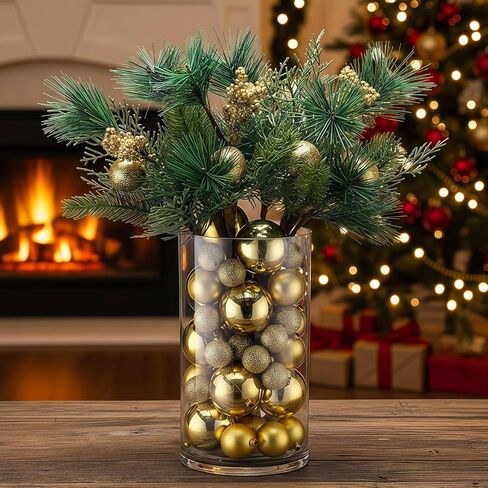 Giegxin 54 Pcs Red Christmas Centerpiece for Table DIY Farmhouse Xmas Decor for Dinning Table 6 Artificial Pine Branches 47 Red Vase Filler Balls 1 Glass Vase for Kitchen Tabletop Decor in Saudi Arabia