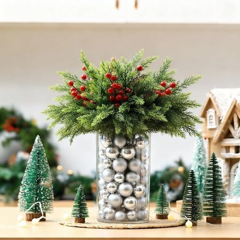 Giegxin 54 Pcs Red Christmas Centerpiece for Table DIY Farmhouse Xmas Decor for Dinning Table 6 Artificial Pine Branches 47 Red Vase Filler Balls 1 Glass Vase for Kitchen Tabletop Decor in Saudi Arabia