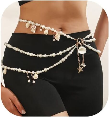 Sexy Starfish Seashell Tassel Waist Chain Belt,White Pearl Hip Belly Body Chain,Festival Rave Pearl Waist Belt,Summer Conch Waist Body Jewelry for Women in Saudi Arabia