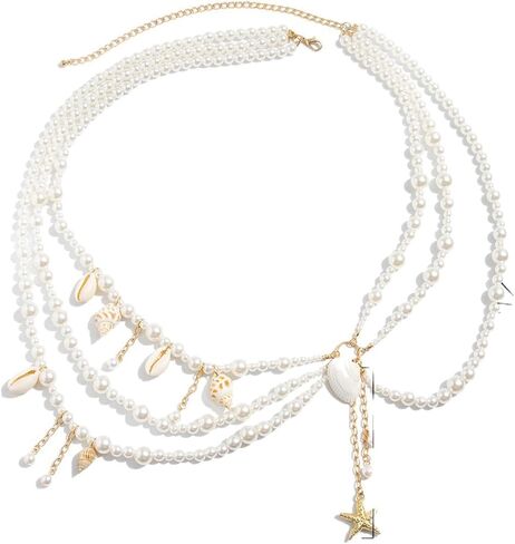 Sexy Starfish Seashell Tassel Waist Chain Belt,White Pearl Hip Belly Body Chain,Festival Rave Pearl Waist Belt,Summer Conch Waist Body Jewelry for Women in Saudi Arabia