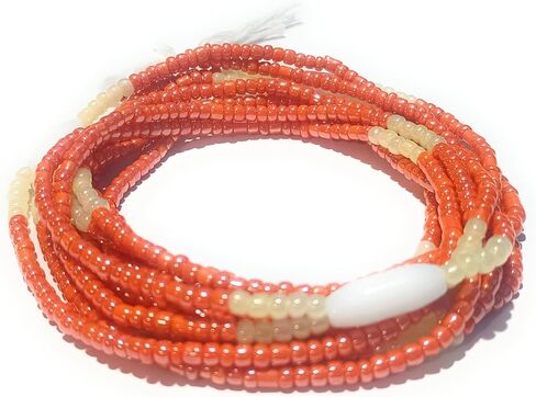 Orange Multi-Strand Waist Beads, Glass Beaded Design, 42 Inch Tie-On Cotton Strings, Double Strand with White Accents in Saudi Arabia