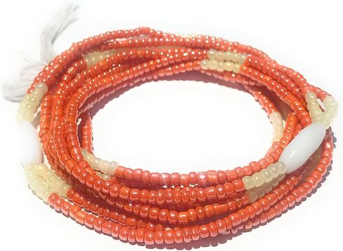 Orange Multi-Strand Waist Beads, Glass Beaded Design, 42 Inch Tie-On Cotton Strings, Double Strand with White Accents in Saudi Arabia